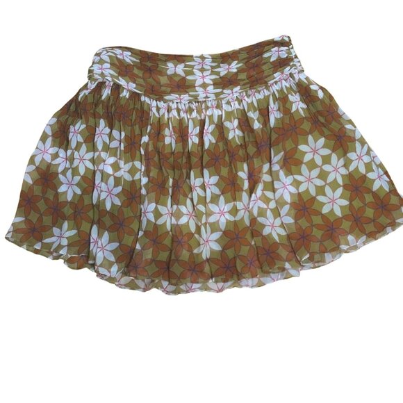 GUAPA Ruched Waist Geo Earthtone Floral Chiffon Mini Skirt M Boho Layered Lined - Picture 2 of 9